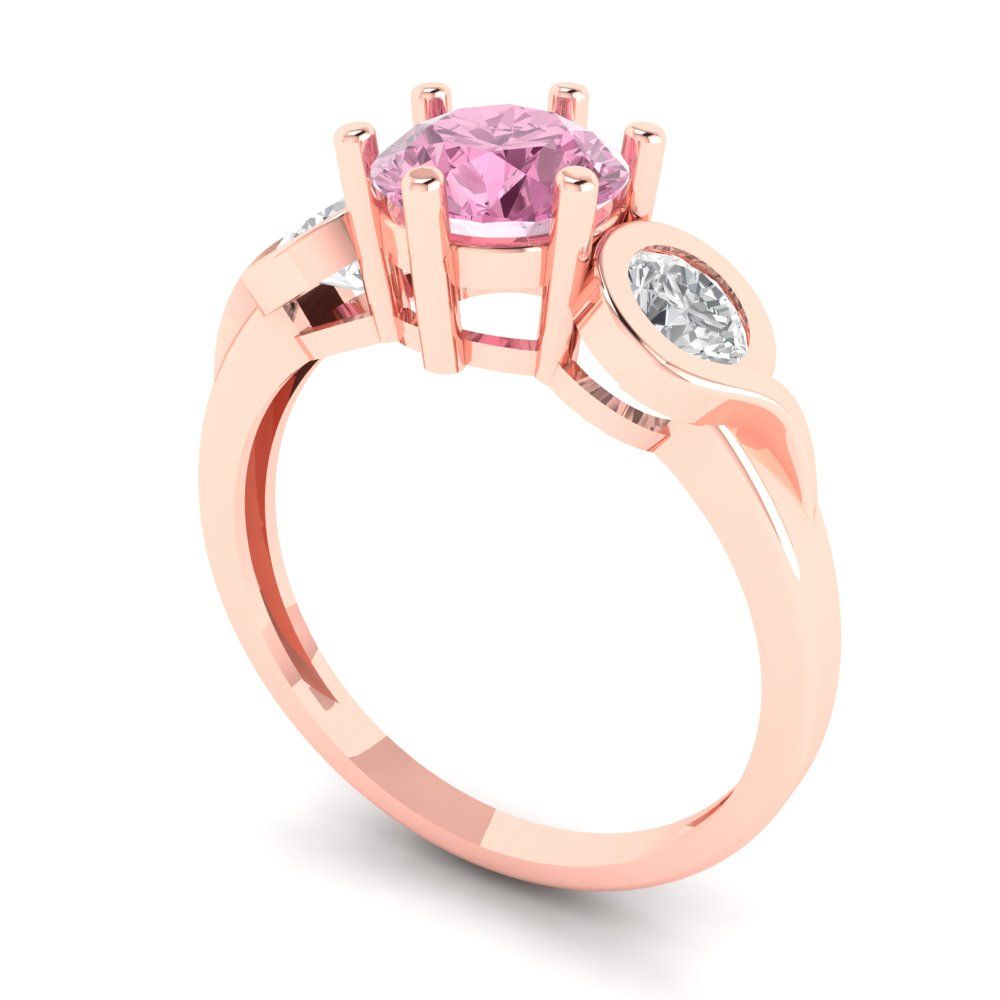 1.72 cttw Zirconia Simulated Pink Diamond Three-Stone Engagement Ring - Solid Rose Gold (VVS1, Round Cut,6.5mm)