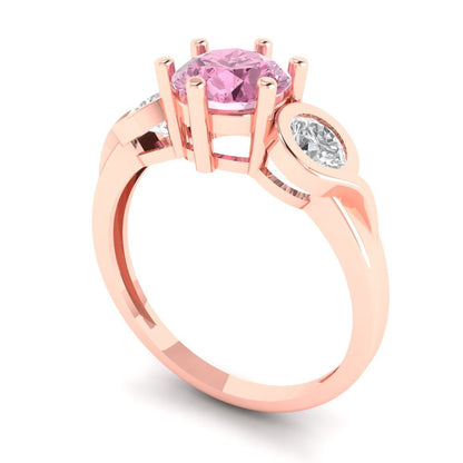 1.72 cttw Zirconia Simulated Pink Diamond Three-Stone Engagement Ring - Solid Rose Gold (VVS1, Round Cut,6.5mm)