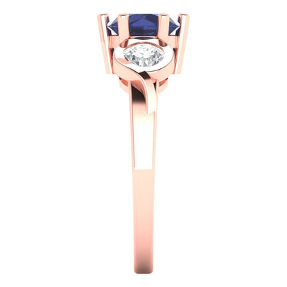 1.72 cttw Simulated Blue Sapphire Three-Stone Engagement Ring - Solid Rose Gold (VVS1, Round Cut,6.5mm)