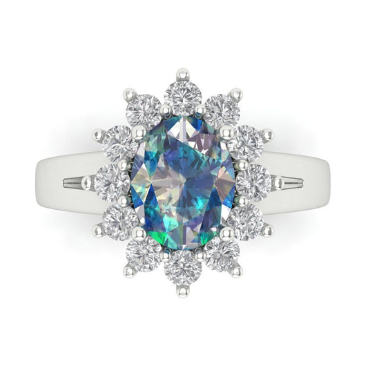 2.72 cttw Blue Moissanite Hidden Halo Engagement Ring - Solid White Gold (VVS1, Oval Cut,9x7mm)