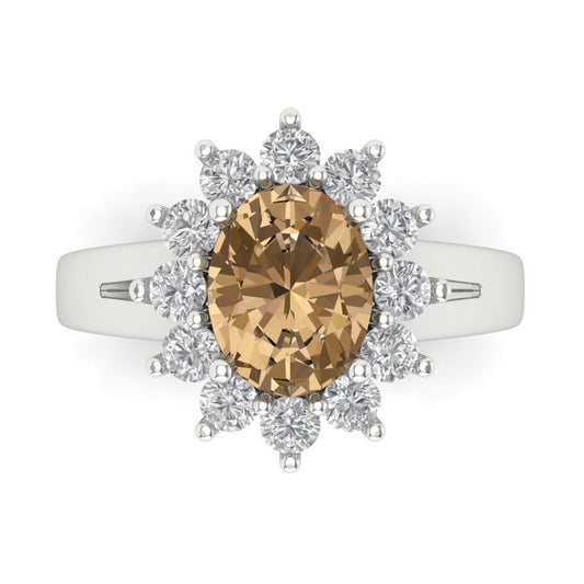 2.72 cttw Zirconia Simulated Champagne Diamond Hidden Halo Engagement Ring - Solid White Gold (VVS1, Oval Cut,9x7mm)