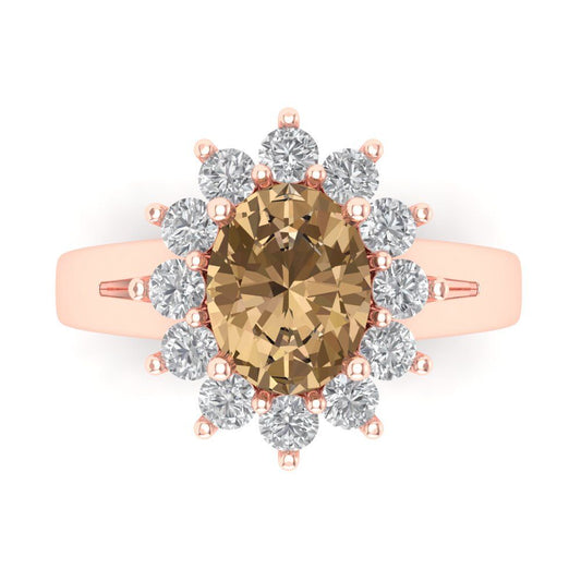 2.72 cttw Zirconia Simulated Champagne Diamond Hidden Halo Engagement Ring - Solid Rose Gold (VVS1, Oval Cut,9x7mm)