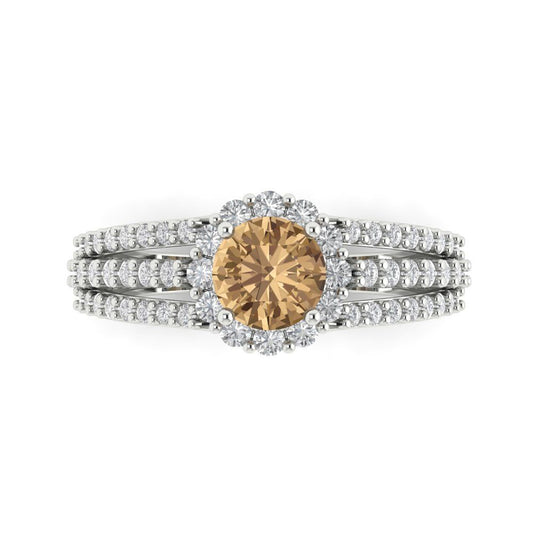 1.83 cttw Zirconia Simulated Champagne Diamond Hidden Halo Engagement Ring - Solid White Gold (VVS1, Round Cut,6.5mm)