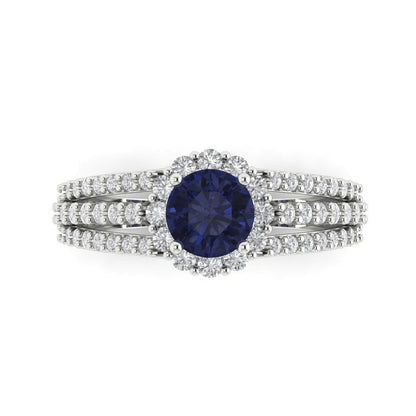 1.83 cttw Simulated Blue Sapphire Hidden Halo Engagement Ring - Solid Gold (Round Cut,6.5mm)