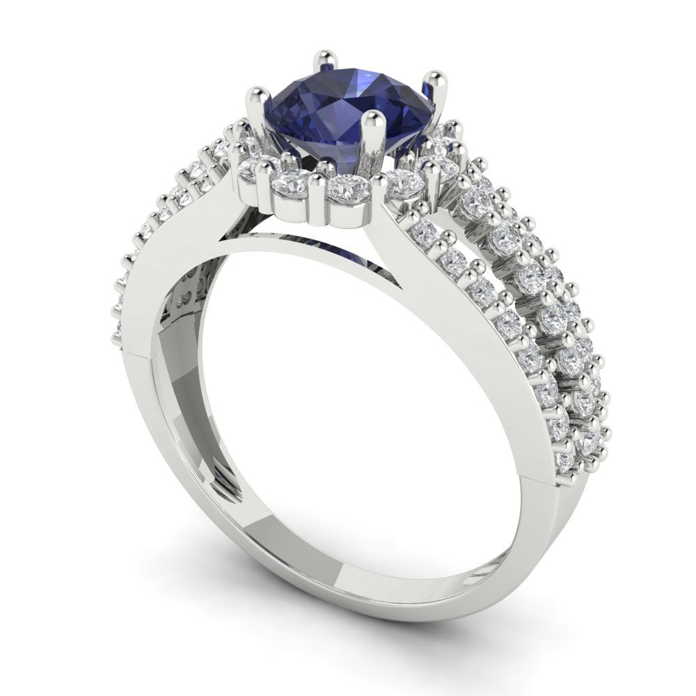 1.83 cttw Simulated Blue Sapphire Hidden Halo Engagement Ring - Solid Gold (Round Cut,6.5mm)