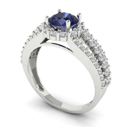 1.83 cttw Simulated Blue Sapphire Hidden Halo Engagement Ring - Solid Gold (Round Cut,6.5mm)
