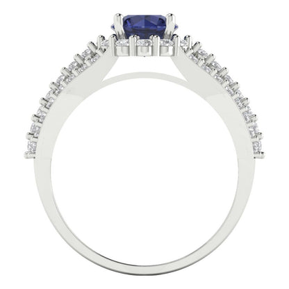 1.83 cttw Simulated Blue Sapphire Hidden Halo Engagement Ring - Solid Gold (Round Cut,6.5mm)