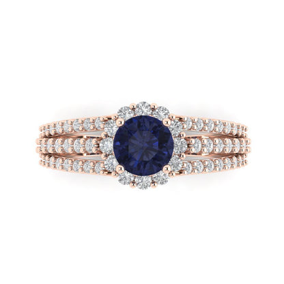1.83 cttw Simulated Blue Sapphire Hidden Halo Engagement Ring - Solid Gold (Round Cut,6.5mm)