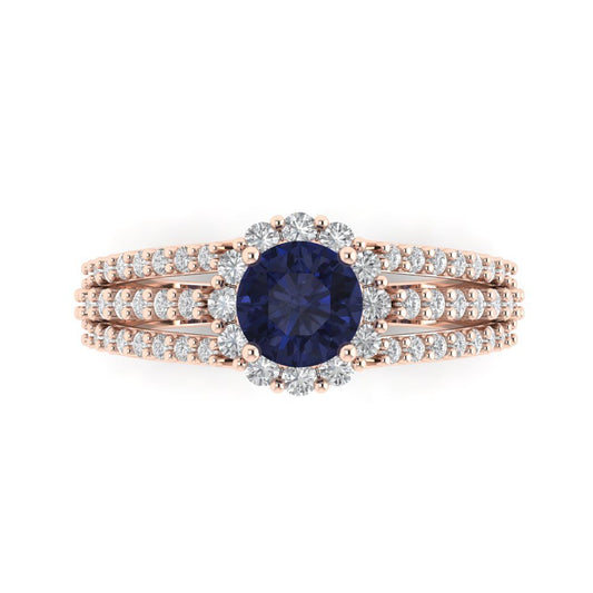 1.83 cttw Simulated Blue Sapphire Hidden Halo Engagement Ring - Solid Rose Gold (VVS1, Round Cut,6.5mm)