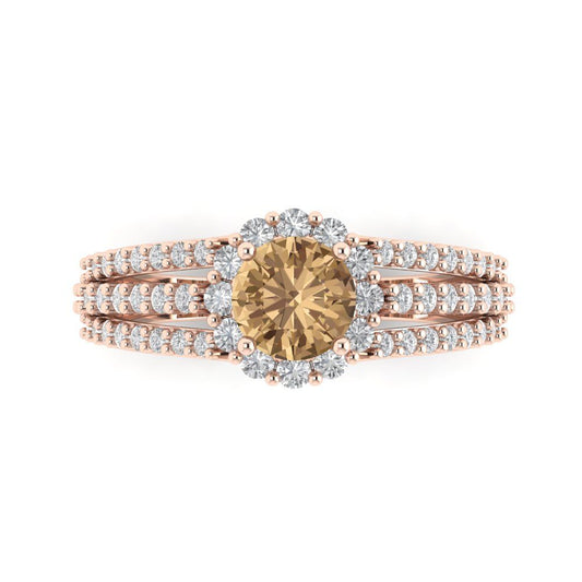 1.83 cttw Zirconia Simulated Champagne Diamond Hidden Halo Engagement Ring - Solid Rose Gold (VVS1, Round Cut,6.5mm)
