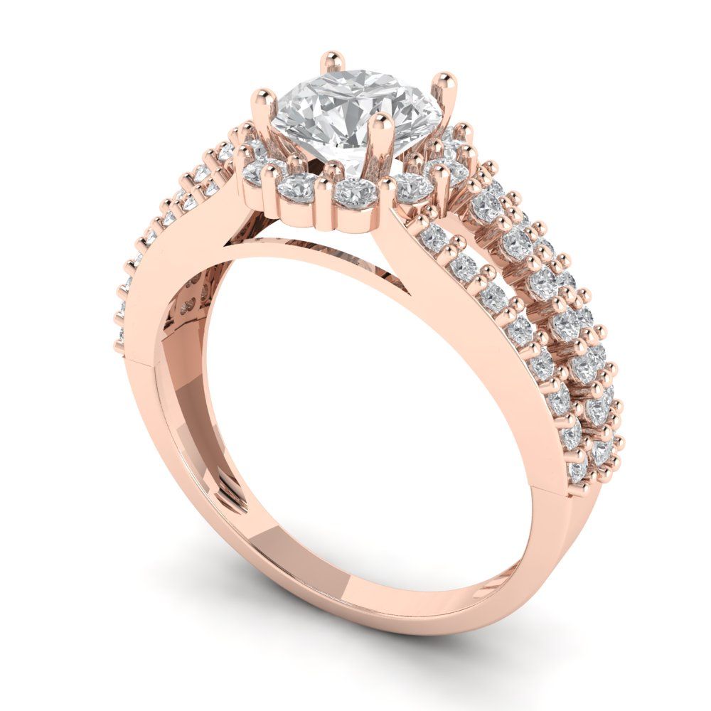1.76 ct Brilliant Round Cut Natural Diamond Stone Clarity VS1-2 Color G-H Rose Gold Halo Solitaire with Accents Ring