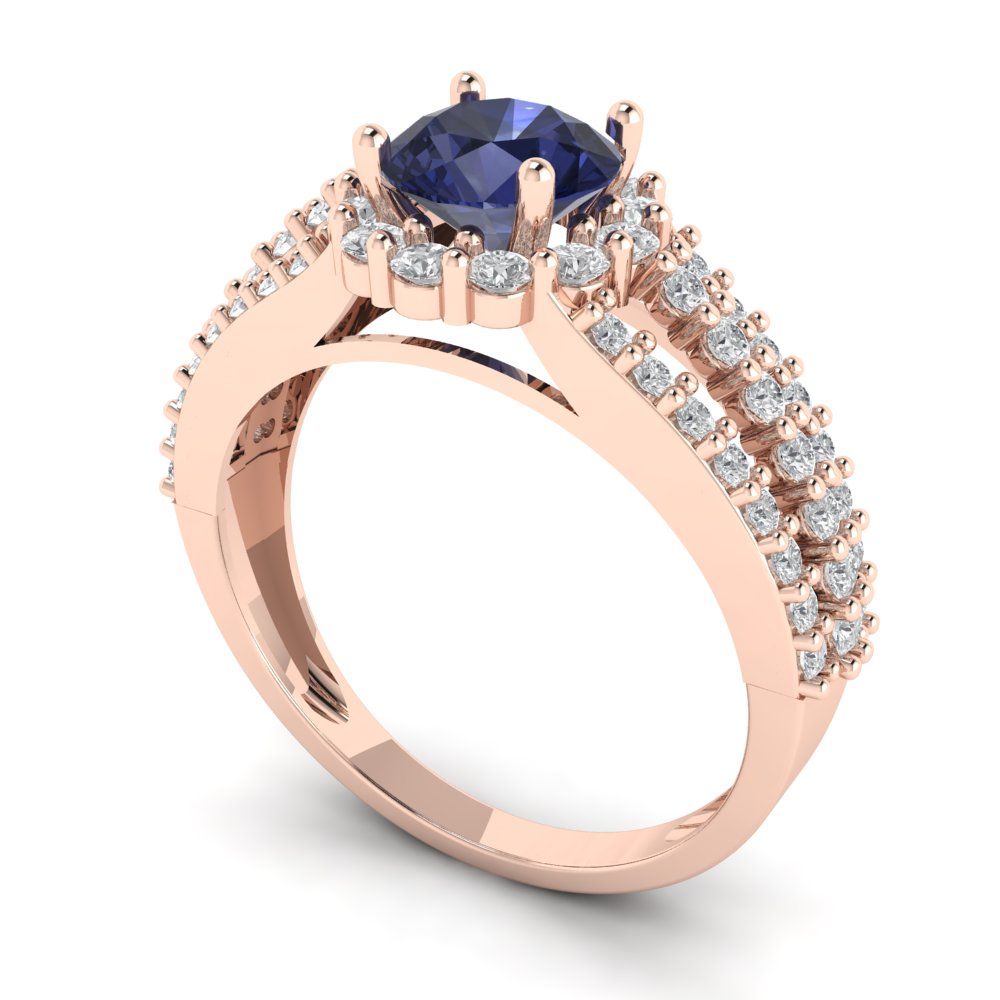 1.83 cttw Simulated Blue Sapphire Hidden Halo Engagement Ring - Solid Gold (Round Cut,6.5mm)