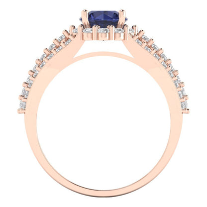 1.83 cttw Simulated Blue Sapphire Hidden Halo Engagement Ring - Solid Gold (Round Cut,6.5mm)