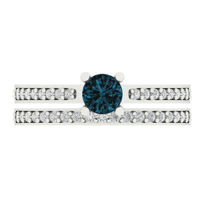0.86 cttw Round Cut Natural London Blue Topaz Bridal Set - Solid White Gold Engagement Ring & Wedding Band