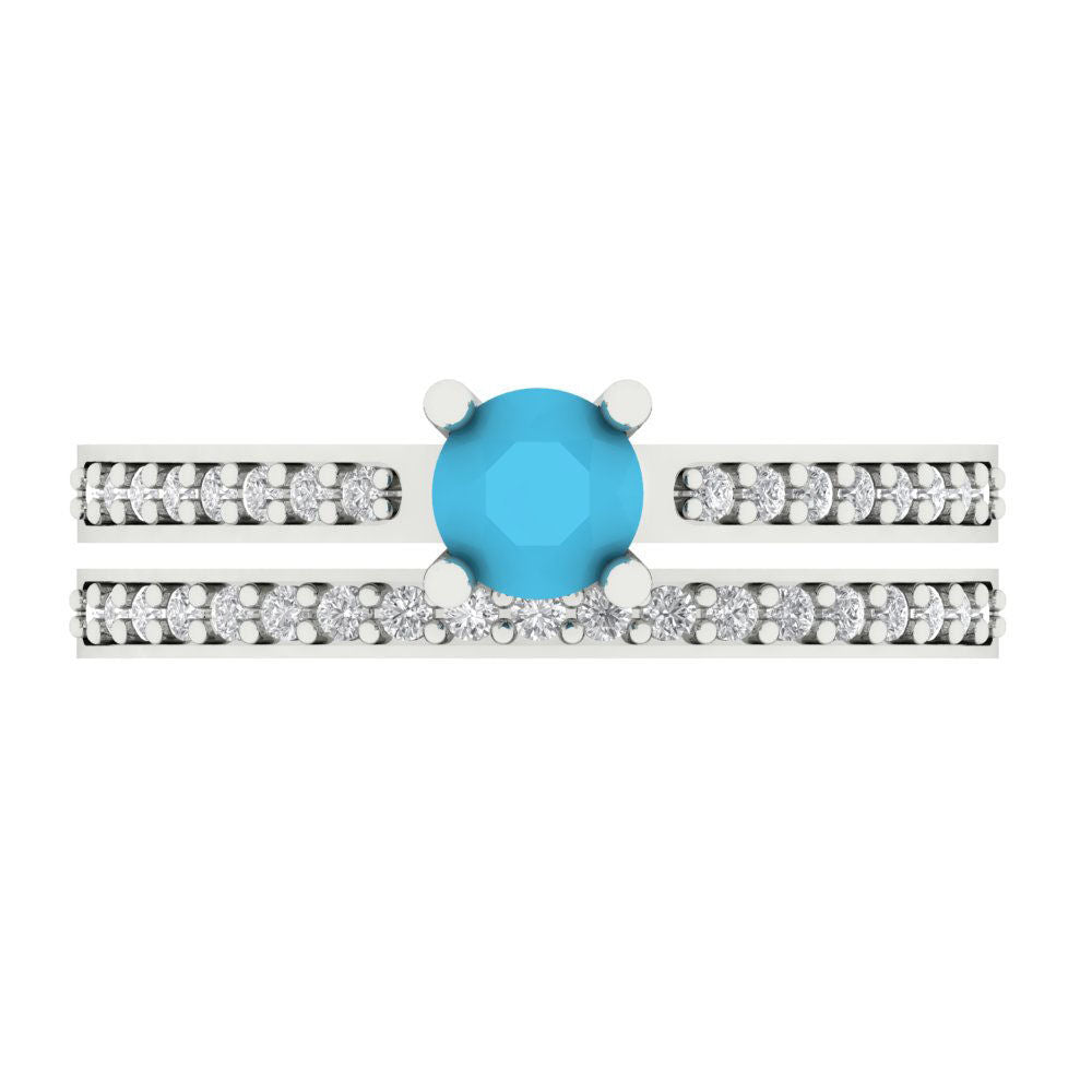 0.86 cttw Round Cut Simulated Turquoise Bridal Set - Solid White Gold Engagement Ring & Wedding Band