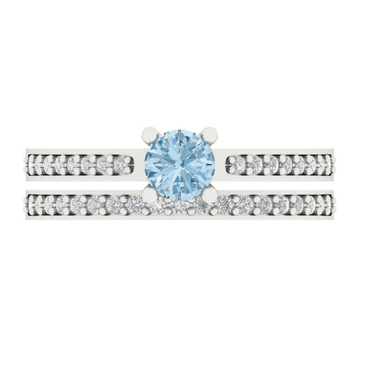 0.86 cttw Round Cut Natural Swiss Blue Topaz Bridal Set - Solid White Gold Engagement Ring & Wedding Band