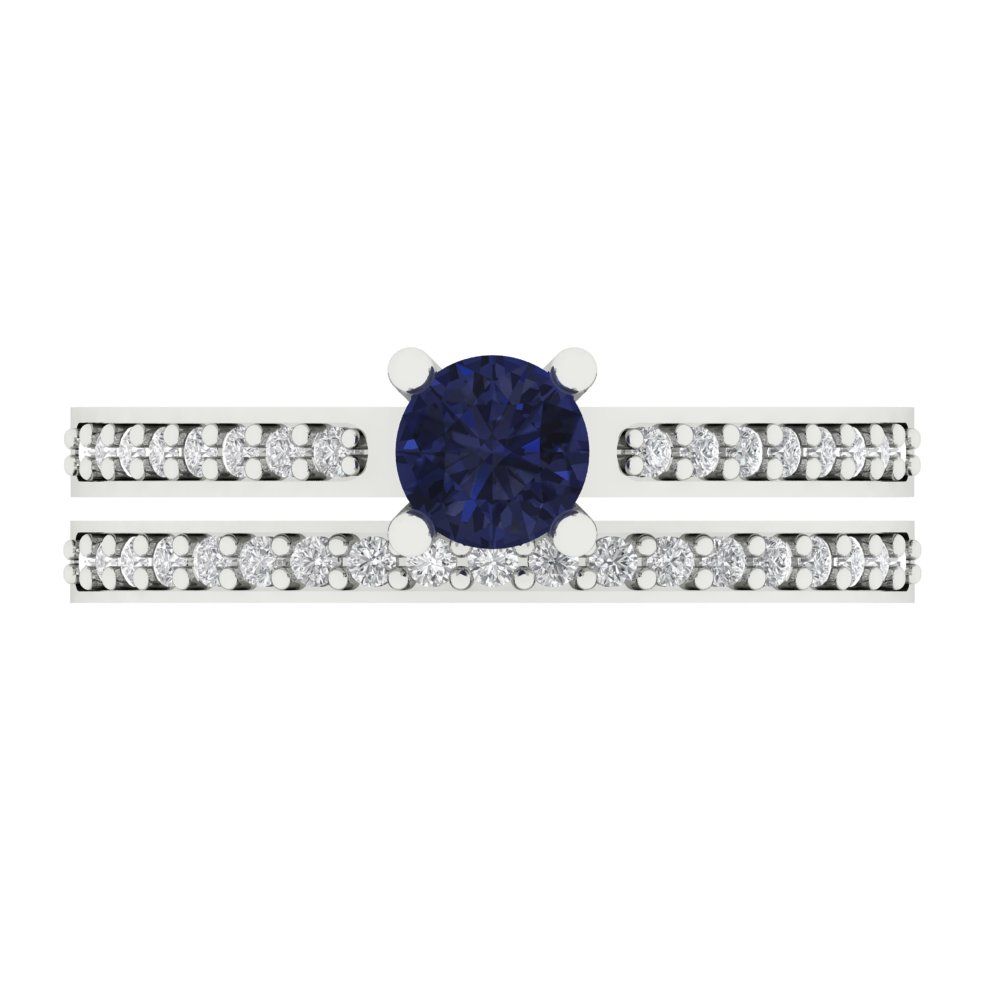 0.86 cttw Round Cut Simulated Blue Sapphire Bridal Set - Solid White Gold Engagement Ring & Wedding Band