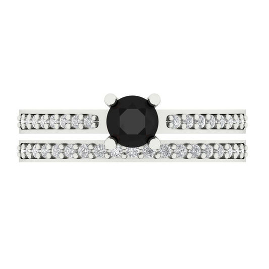 0.86 cttw Round Cut Natural Onyx Bridal Set - Solid White Gold Engagement Ring & Wedding Band