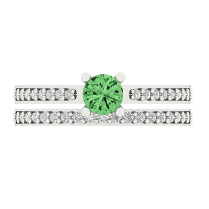 0.86 cttw Round Cut Simulated Green Diamond Bridal Set - Solid White Gold Engagement Ring & Wedding Band