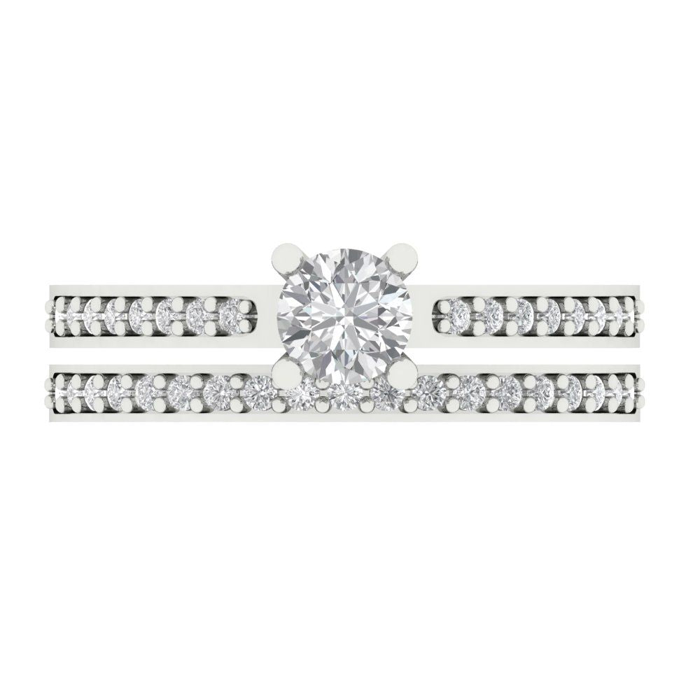 0.86 cttw Round Cut White Sapphire Bridal Set - Solid White Gold Engagement Ring & Wedding Band
