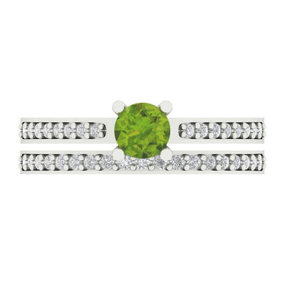 0.86 cttw Round Cut Natural Peridot Bridal Set - Solid White Gold Engagement Ring & Wedding Band