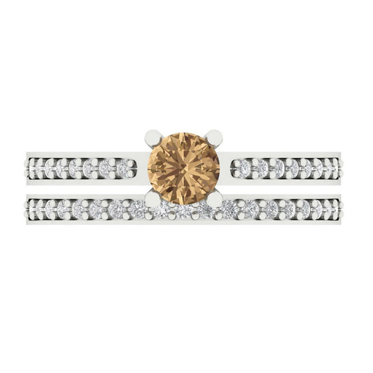 0.86 cttw Round Cut Simulated Champagne Diamond Bridal Set - Solid White Gold Engagement Ring & Wedding Band