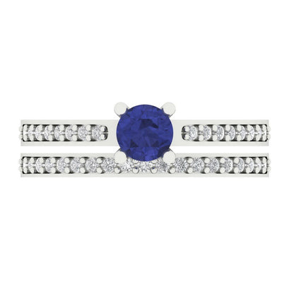 0.86 cttw Round Cut Simulated Tanzanite Bridal Set - Solid White Gold Engagement Ring & Wedding Band