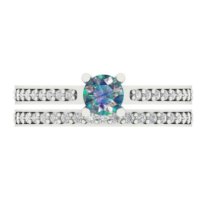 0.86 cttw Round Cut Blue Moissanite Bridal Set - Solid White Gold Engagement Ring & Wedding Band
