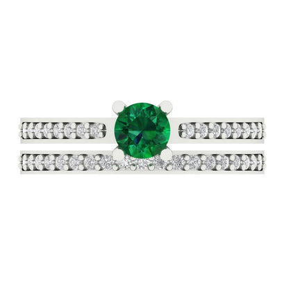 0.86 cttw Round Cut Simulated Emerald Bridal Set - Solid White Gold Engagement Ring & Wedding Band