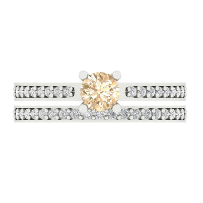 0.86 cttw Round Cut Natural Morganite Bridal Set - Solid White Gold Engagement Ring & Wedding Band