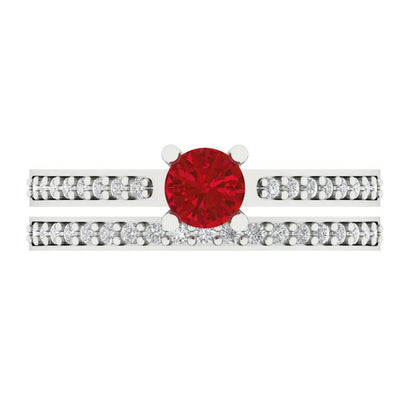0.86 cttw Round Cut Simulated Ruby Bridal Set - Solid White Gold Engagement Ring & Wedding Band