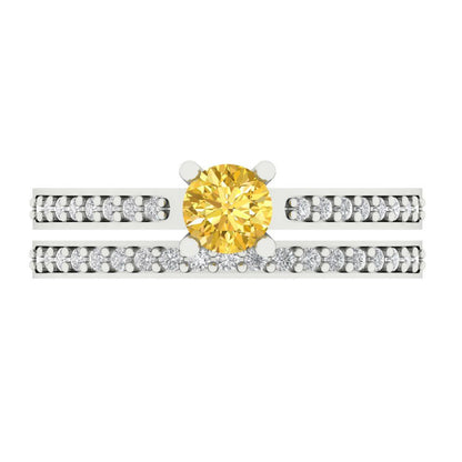 0.86 cttw Round Cut Natural Citrine Bridal Set - Solid White Gold Engagement Ring & Wedding Band