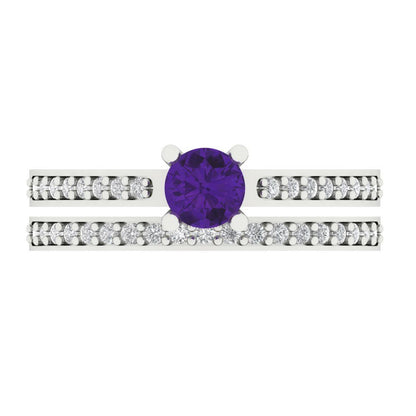 0.86 cttw Round Cut Natural Amethyst Bridal Set - Solid White Gold Engagement Ring & Wedding Band
