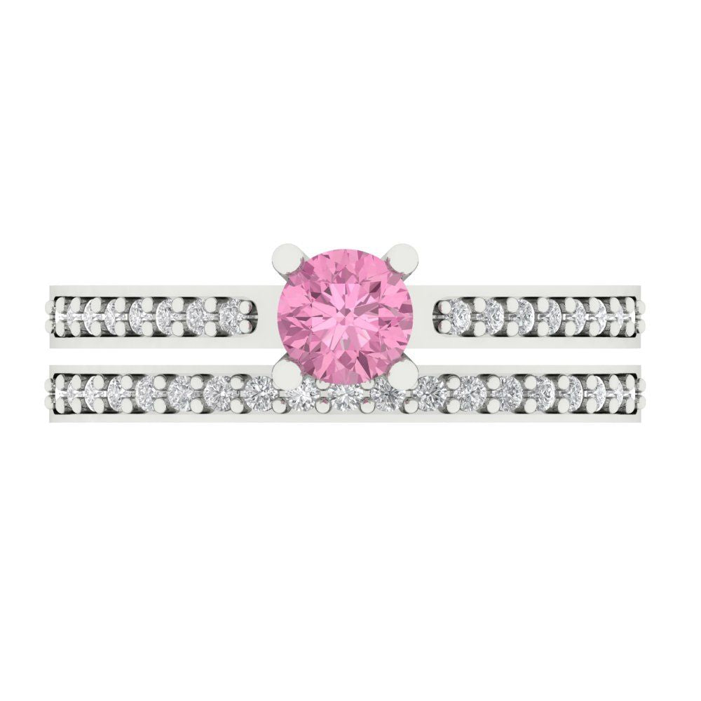 0.86 cttw Round Cut Simulated Pink Diamond Bridal Set - Solid White Gold Engagement Ring & Wedding Band