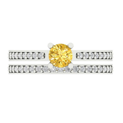 0.86 cttw Round Cut Simulated Yellow Diamond Bridal Set - Solid White Gold Engagement Ring & Wedding Band