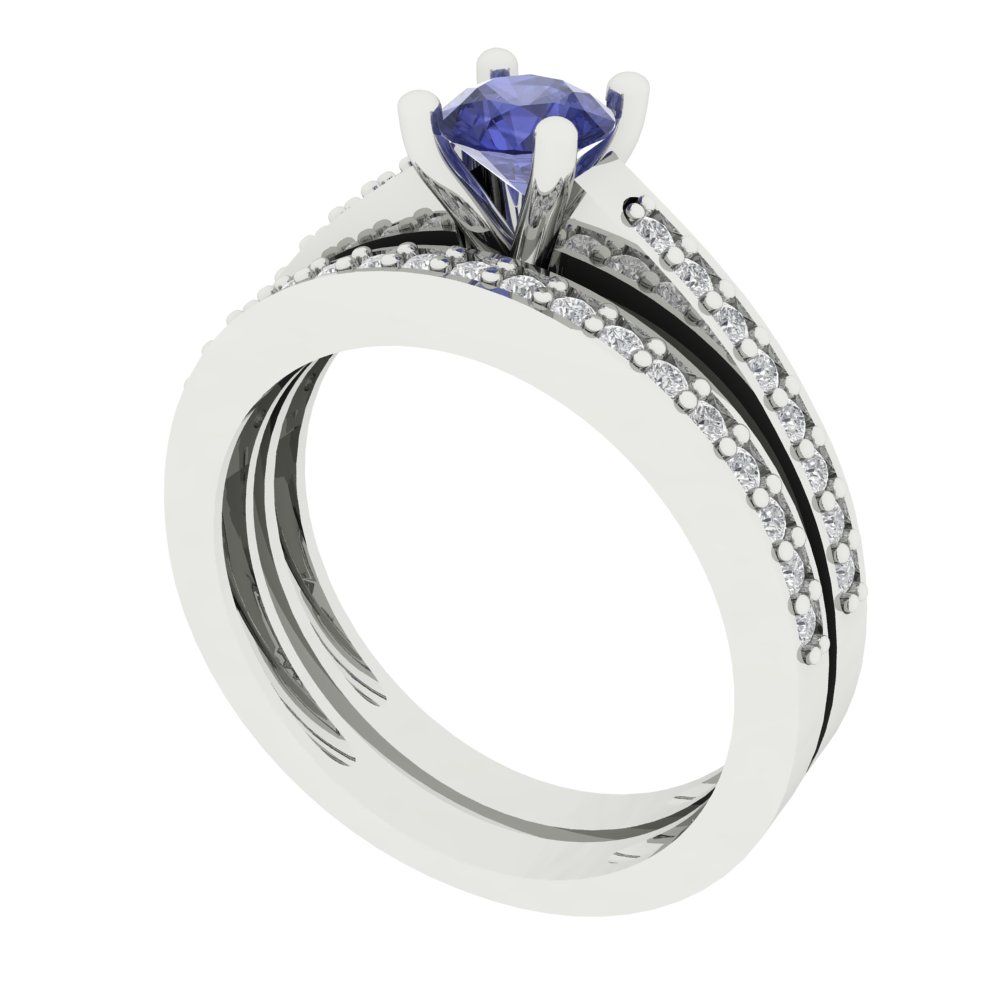 0.86 cttw Round Cut Simulated Tanzanite Bridal Set - Solid White Gold Engagement Ring & Wedding Band