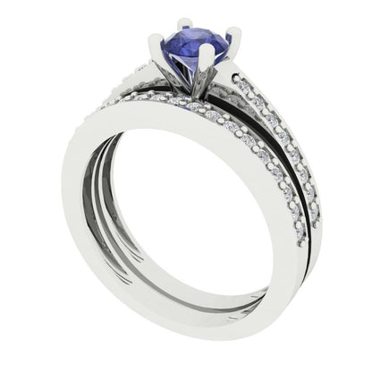 0.86 cttw Round Cut Simulated Tanzanite Bridal Set - Solid White Gold Engagement Ring & Wedding Band