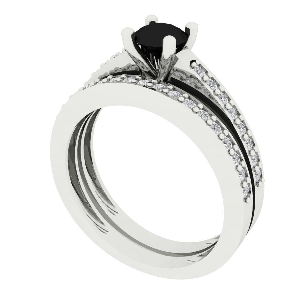0.86 cttw Round Cut Natural Onyx Bridal Set - Solid White Gold Engagement Ring & Wedding Band