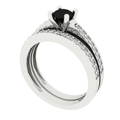 0.86 cttw Round Cut Natural Onyx Bridal Set - Solid White Gold Engagement Ring & Wedding Band