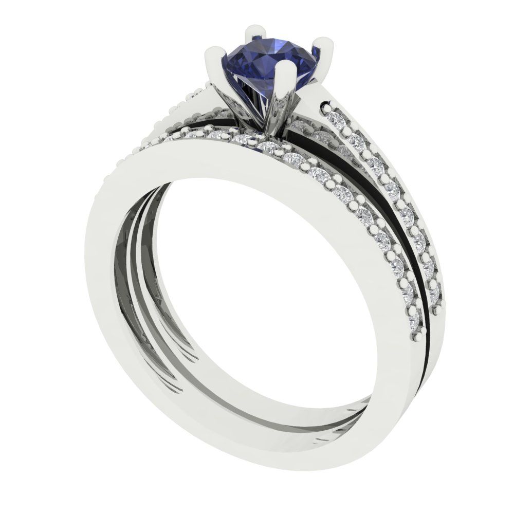 0.86 cttw Round Cut Simulated Blue Sapphire Bridal Set - Solid White Gold Engagement Ring & Wedding Band