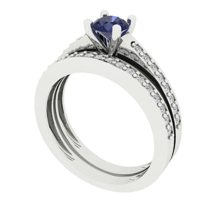 0.86 cttw Round Cut Simulated Blue Sapphire Bridal Set - Solid White Gold Engagement Ring & Wedding Band