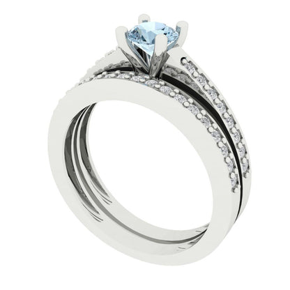 0.86 cttw Round Cut Natural Aquamarine Bridal Set - Solid White Gold Engagement Ring & Wedding Band