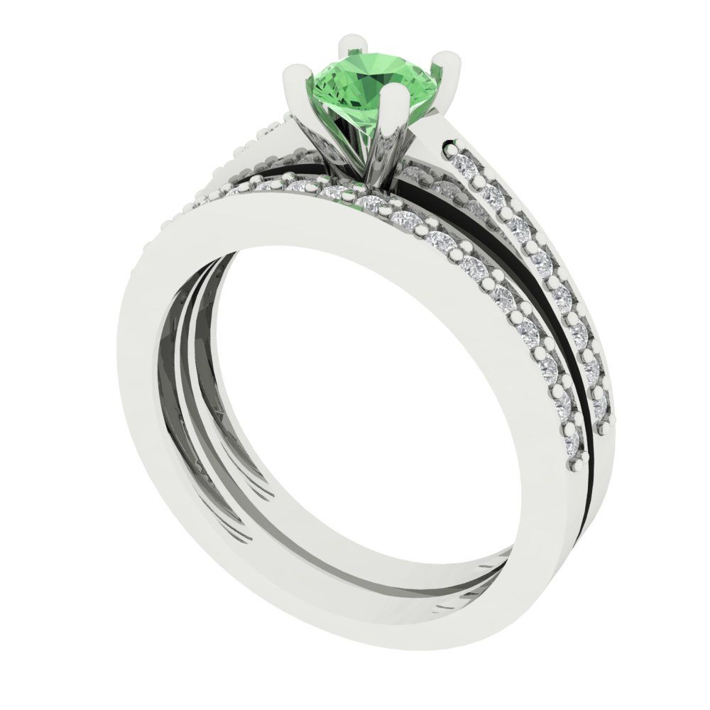 0.86 cttw Round Cut Simulated Green Diamond Bridal Set - Solid White Gold Engagement Ring & Wedding Band