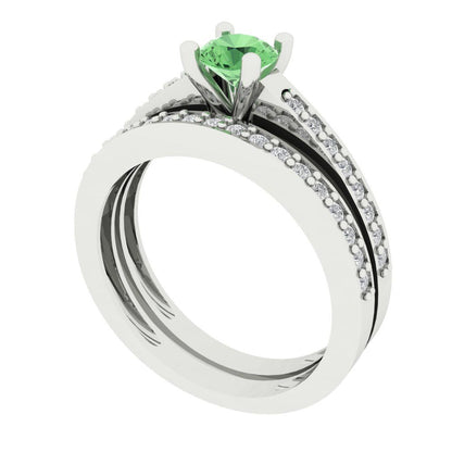 0.86 cttw Round Cut Simulated Green Diamond Bridal Set - Solid White Gold Engagement Ring & Wedding Band