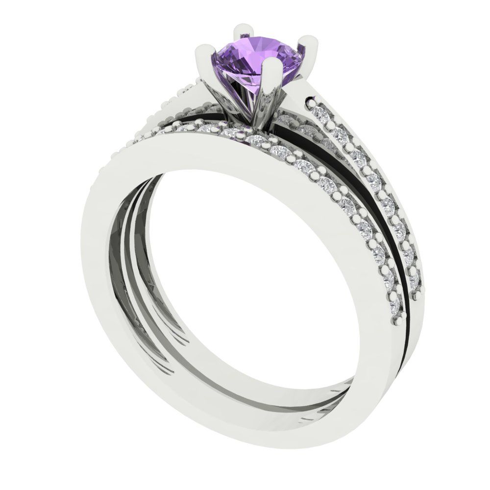 0.86 cttw Round Cut Simulated Alexandrite Bridal Set - Solid White Gold Engagement Ring & Wedding Band