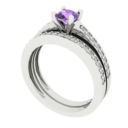 0.86 cttw Round Cut Simulated Alexandrite Bridal Set - Solid White Gold Engagement Ring & Wedding Band