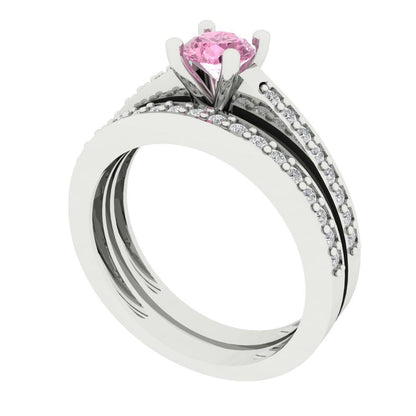 0.86 cttw Round Cut Simulated Pink Diamond Bridal Set - Solid White Gold Engagement Ring & Wedding Band