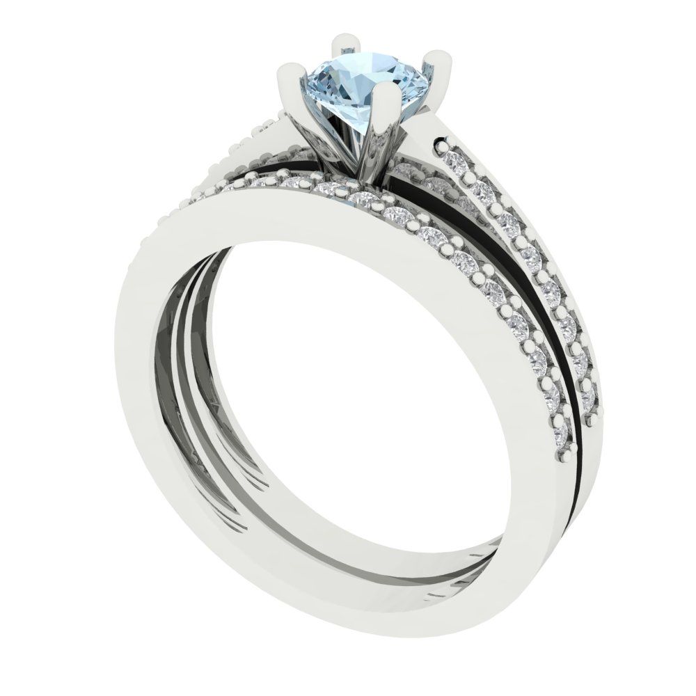 0.86 cttw Round Cut Natural Swiss Blue Topaz Bridal Set - Solid White Gold Engagement Ring & Wedding Band