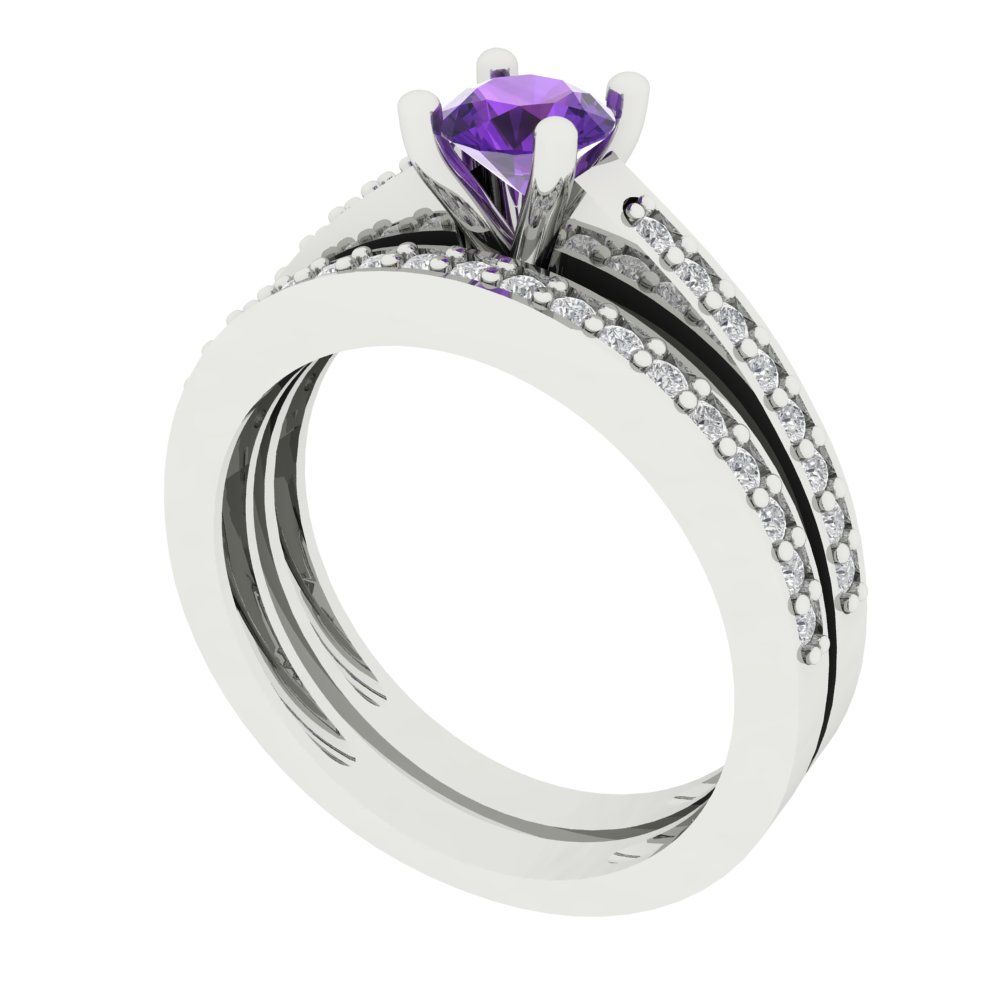 0.86 cttw Round Cut Natural Amethyst Bridal Set - Solid White Gold Engagement Ring & Wedding Band