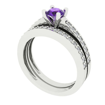 0.86 cttw Round Cut Natural Amethyst Bridal Set - Solid White Gold Engagement Ring & Wedding Band